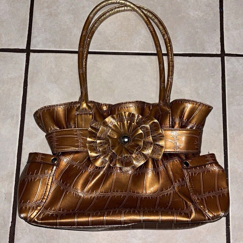 Womens Bronze Croc Embossed Handbag Flower Applique Magnetic Snap Medium